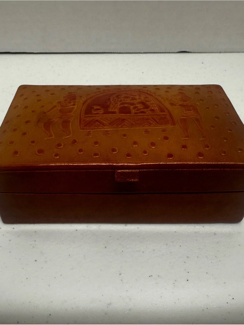 Aarong Bangladesh Embossed Faux Leather Jewelry Box Mirror Ring Holder Brown